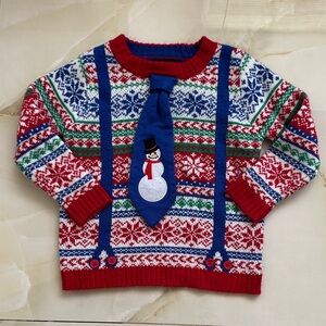 Festive Red and Blue Snowman Sweater for Kids